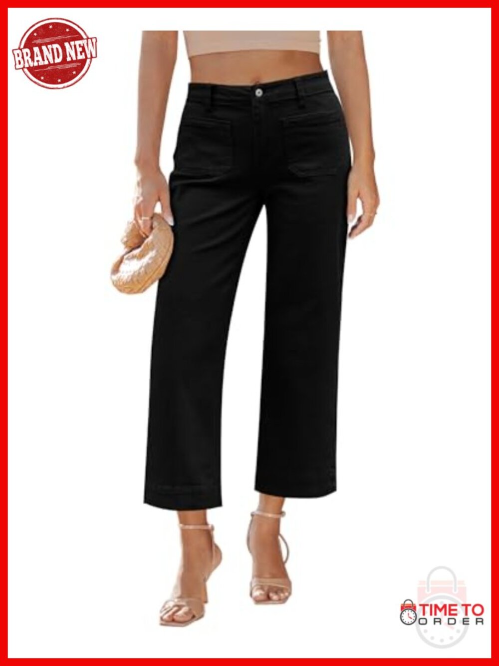 High Waisted Wide Leg Cropped Jeans Stretchy Denim Front Pockets